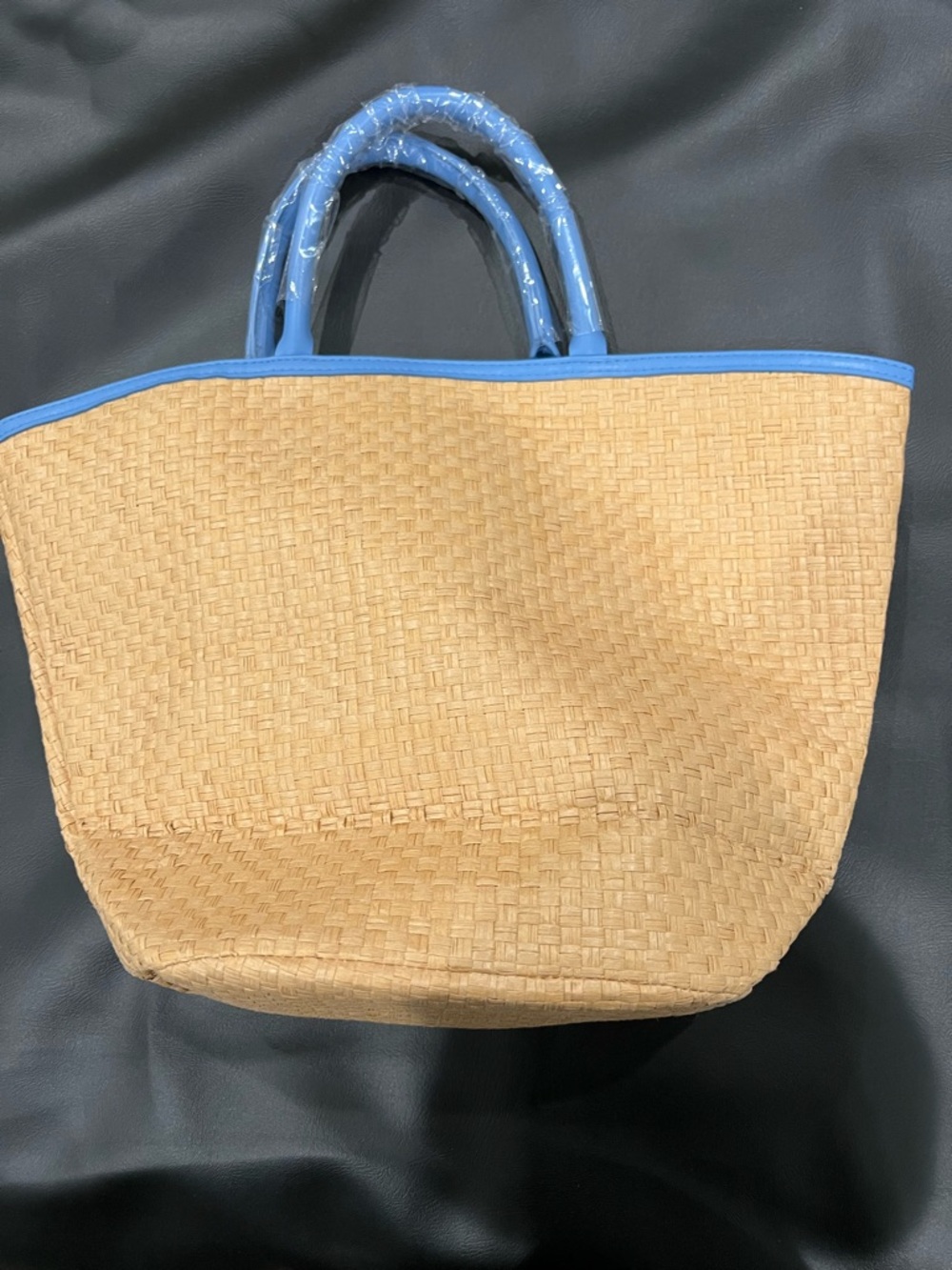Straw Tote Bag with Blue Trim and Handles